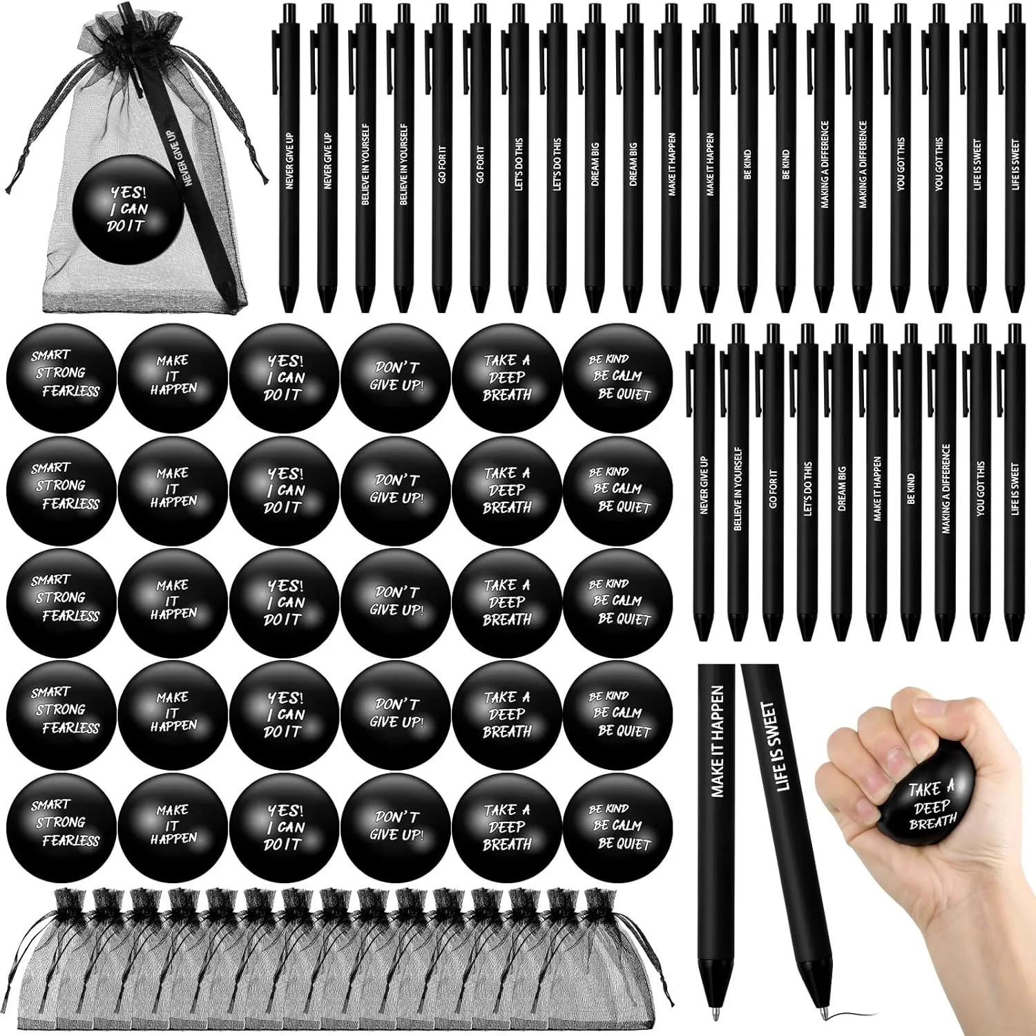 Yeaqee 30 Set Stress Balls for Adults Bulk Motivational Stress Balls Inspirational Quote Pens Organza Bags Funny Relief Gifts for Employees Coworkers Team(Black)