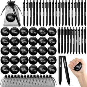 Yeaqee 30 Set Stress Balls for Adults Bulk Motivational Stress Balls Inspirational Quote Pens Organza Bags Funny Relief Gifts for Employees Coworkers Team(Black)