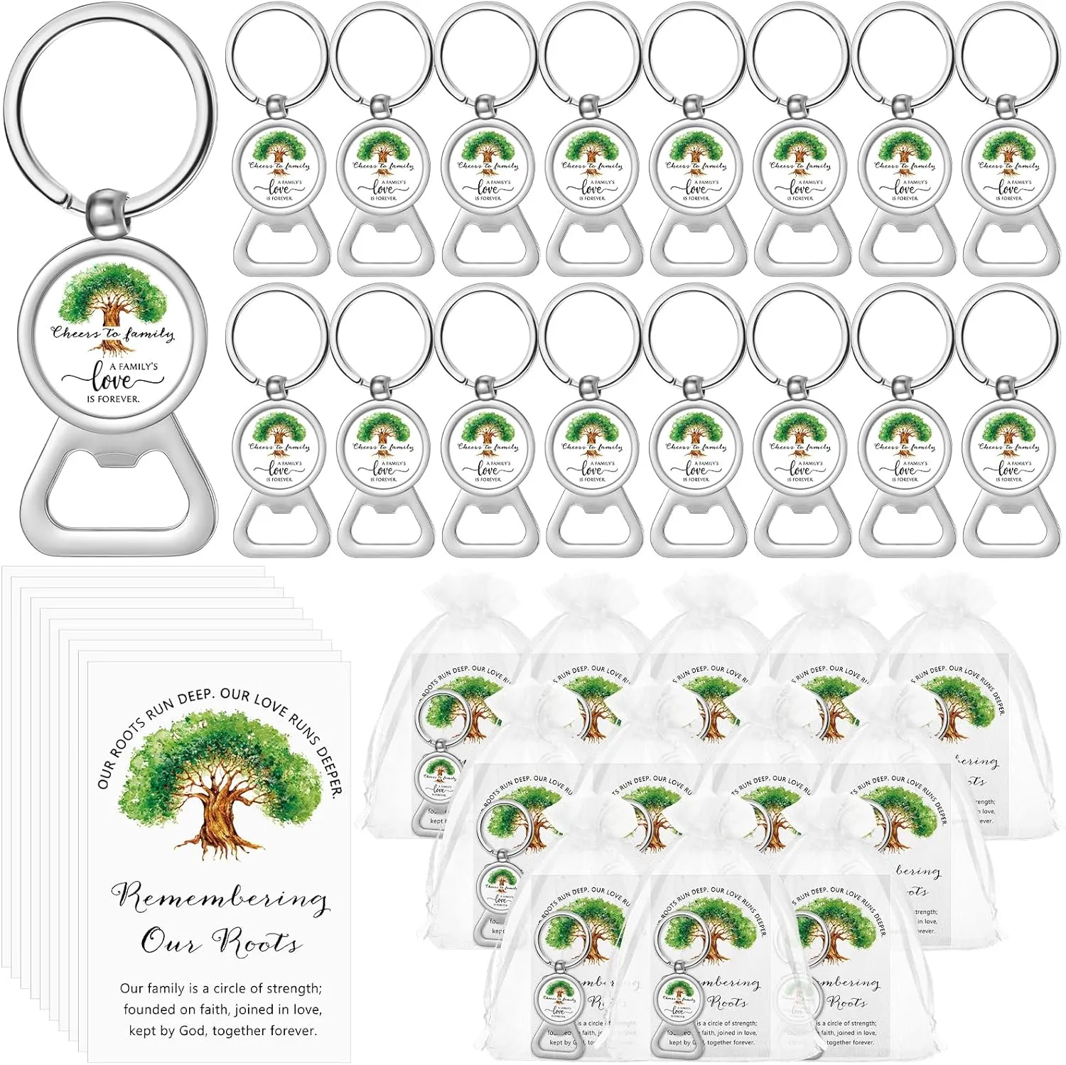 Yinkin 40 Sets Family Reunion Favors Bulk Bottle Opener Keychains Cards and Bags Cheer to Family Gathering Gifts Decorations