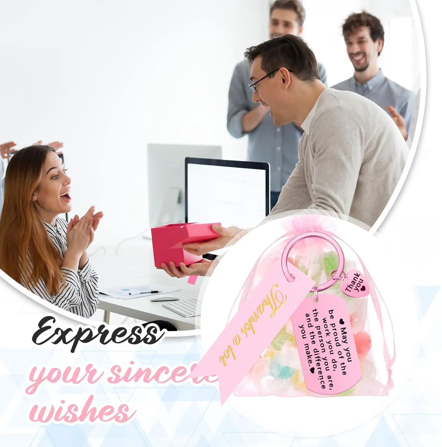 Yinkin 72 Pcs Employee Appreciation Gifts Bulk for Coworkers Thank You Gifts Keychains Organza Bags with Cards for Teacher Nurse Staff