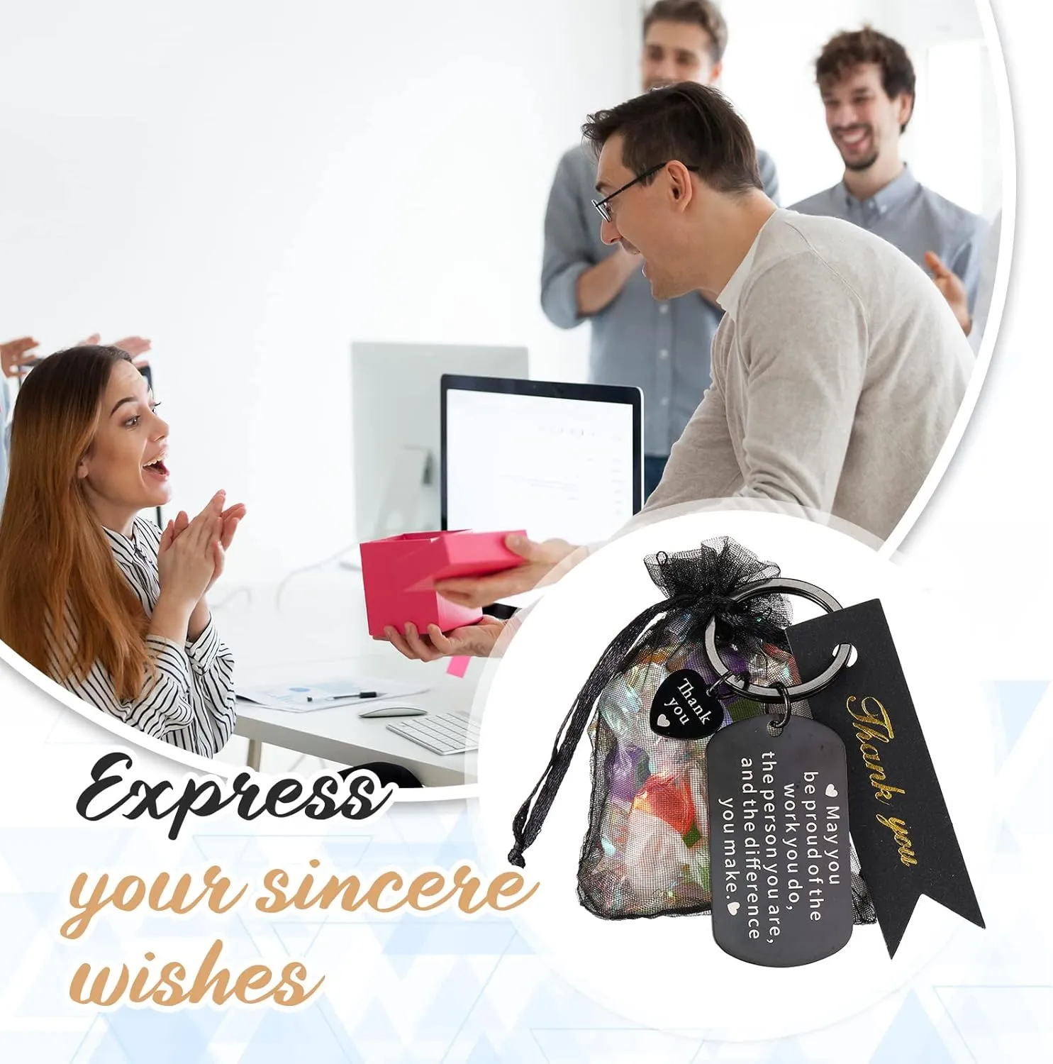 Yinkin 72 Pcs Employee Appreciation Gifts Bulk for Coworkers Thank You Gifts Keychains Organza Bags with Cards for Teacher Nurse Staff