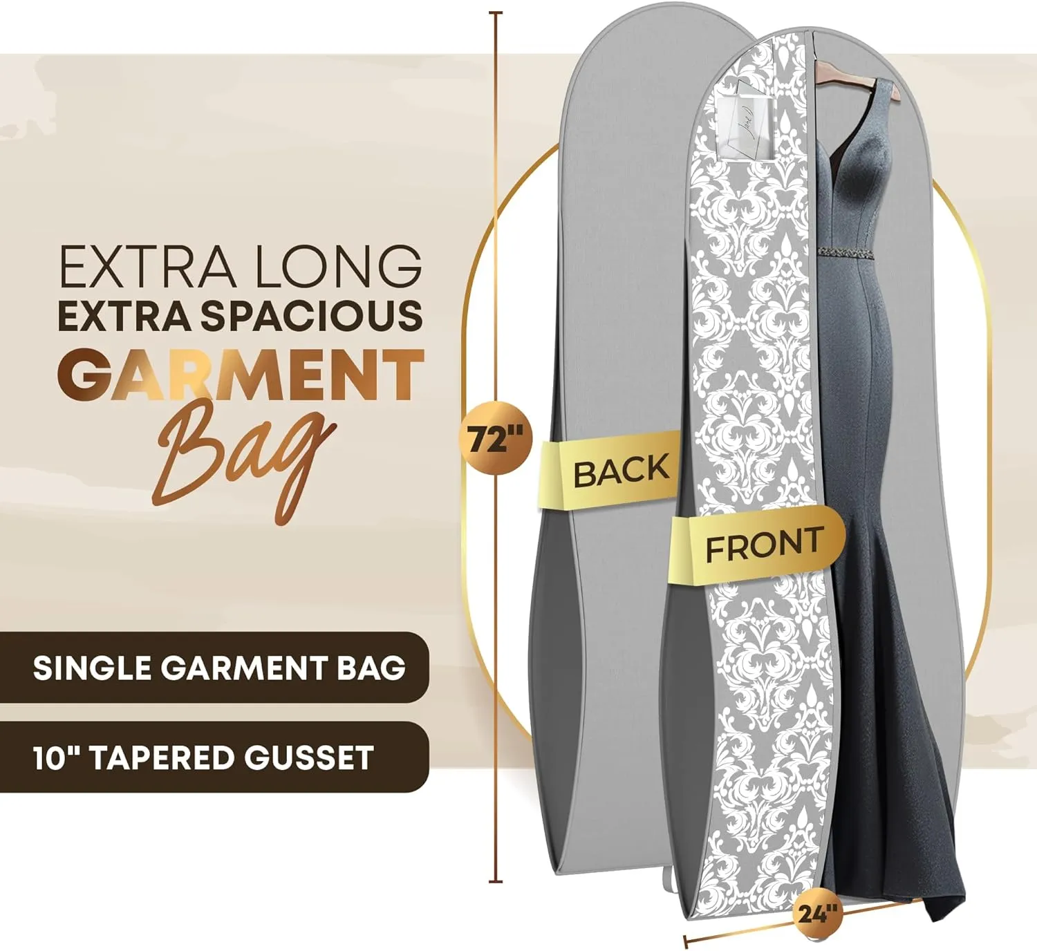 Your Bags 72" Wedding Dress Bag for Gowns Long - Long Garment Bags for Hanging Clothes & Closet Storage - Durable Travel Bag for Women with ID Window - (Grey/White Damask Print)