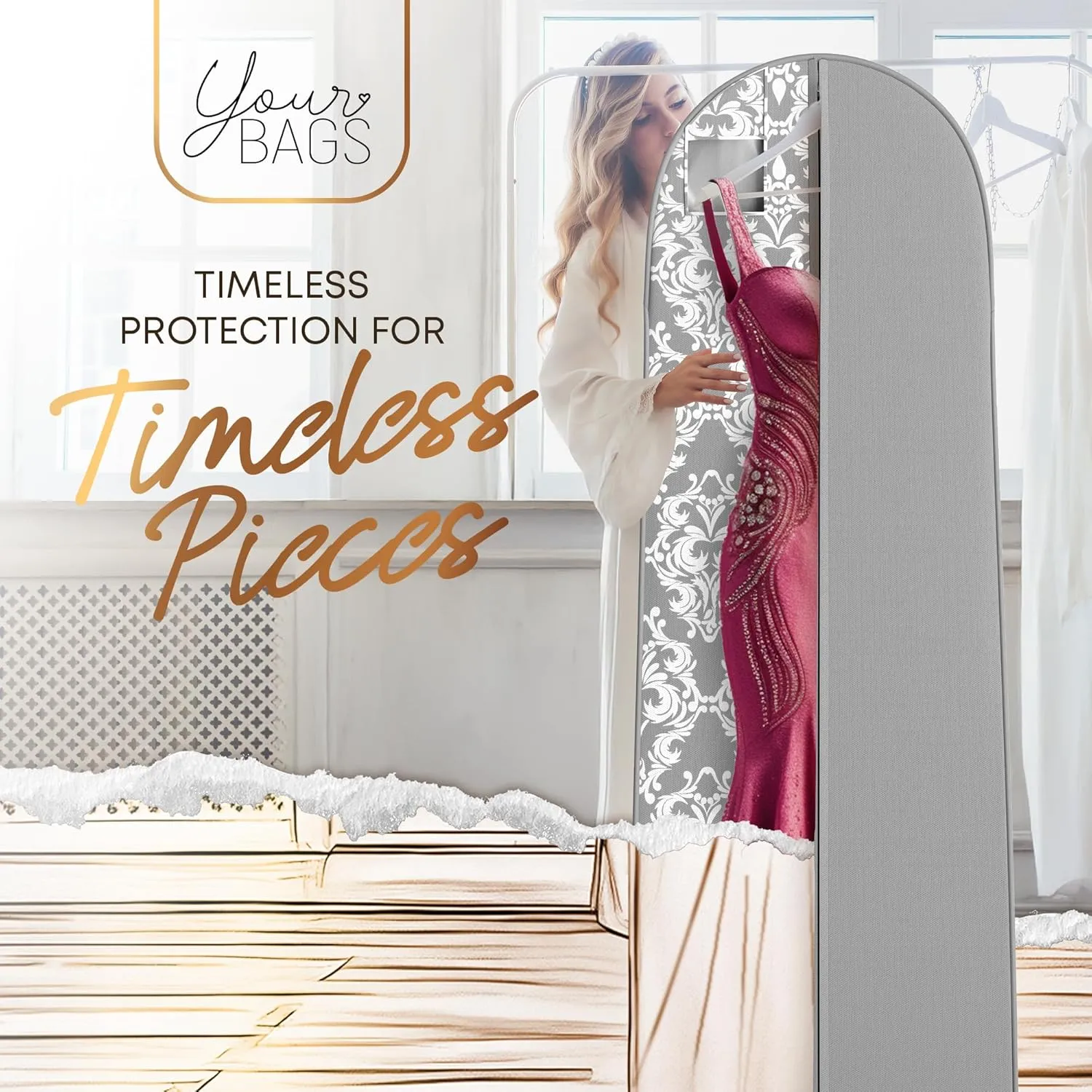 Your Bags 72" Wedding Dress Bag for Gowns Long - Long Garment Bags for Hanging Clothes & Closet Storage - Durable Travel Bag for Women with ID Window - (Grey/White Damask Print)