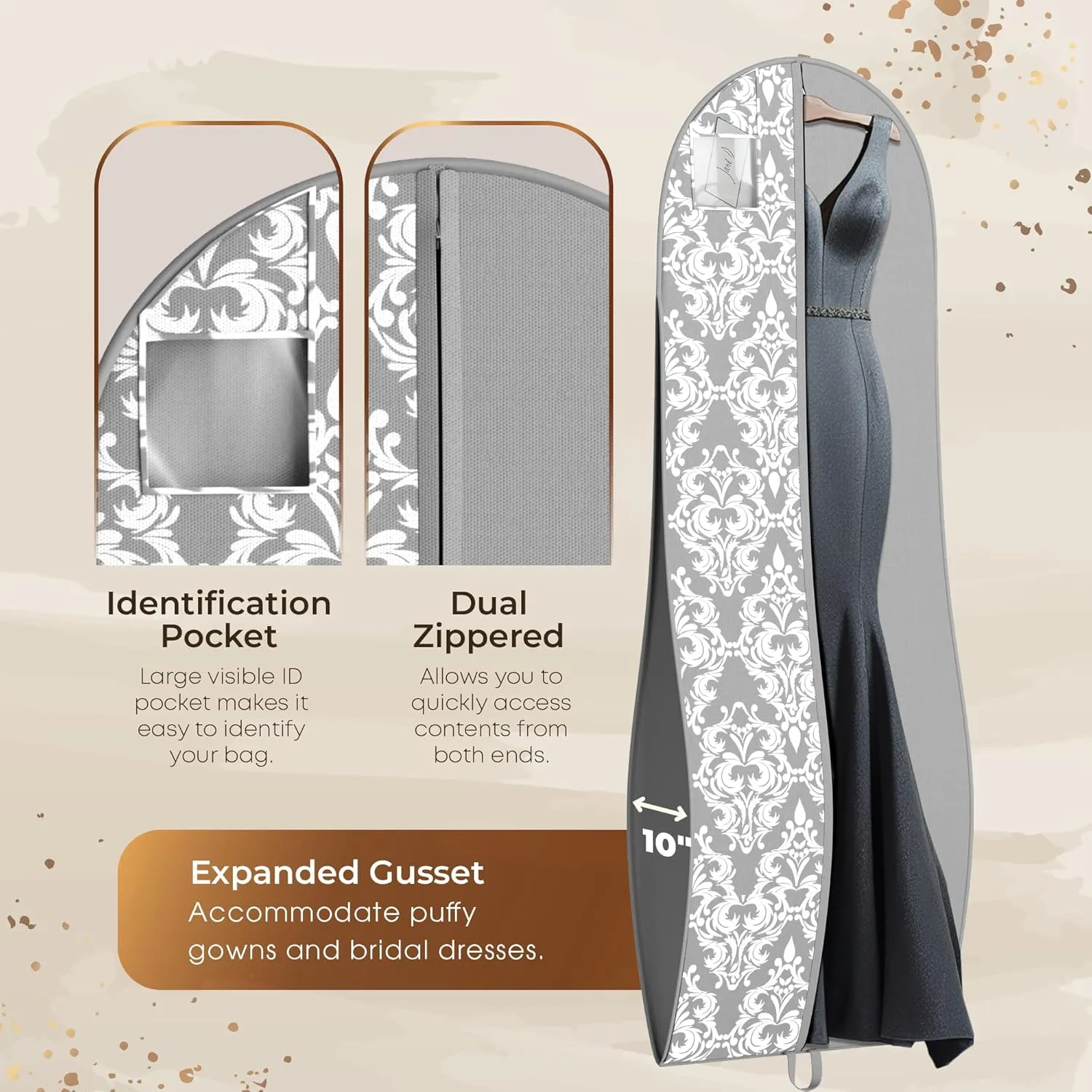 Your Bags 72" Wedding Dress Bag for Gowns Long - Long Garment Bags for Hanging Clothes & Closet Storage - Durable Travel Bag for Women with ID Window - (Grey/White Damask Print)