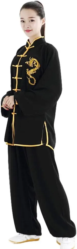 ZooBoo Unisex Cotton and Silk Dragon Embroidery Long Sleeves Tai Chi Uniform Suit Martial Arts Wing Chun Clothing