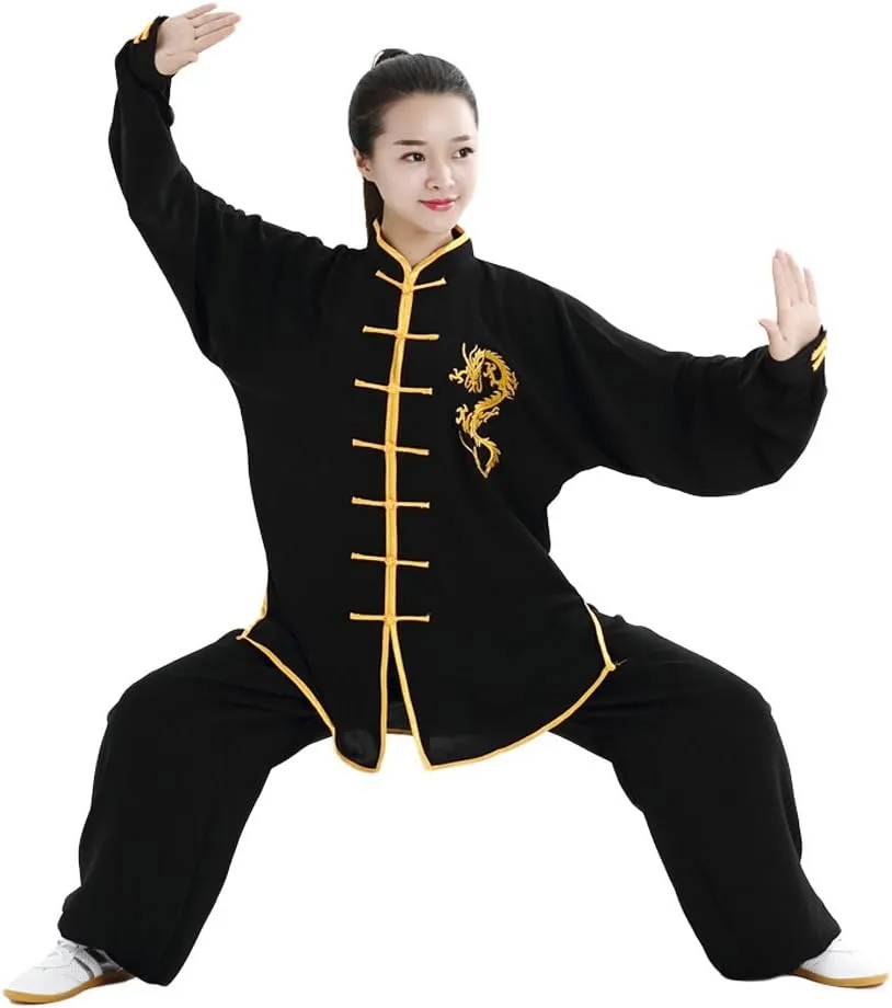 ZooBoo Unisex Cotton and Silk Dragon Embroidery Long Sleeves Tai Chi Uniform Suit Martial Arts Wing Chun Clothing