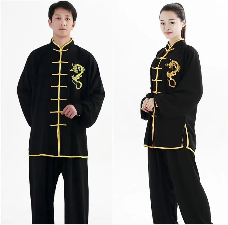 ZooBoo Unisex Cotton and Silk Dragon Embroidery Long Sleeves Tai Chi Uniform Suit Martial Arts Wing Chun Clothing