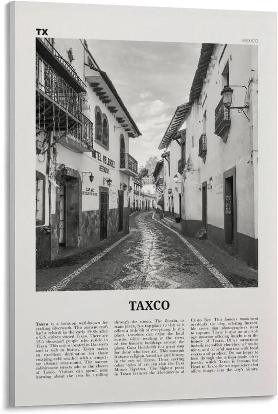 ZYSYML Taxco Print Black And White, Taxco Wall Art, Taxco Poster, Taxco Photo, Taxco Wall Décor, Taxco Map, Mexico Canvas Wall Art Poster Ready to Hang Framed 16x24inch