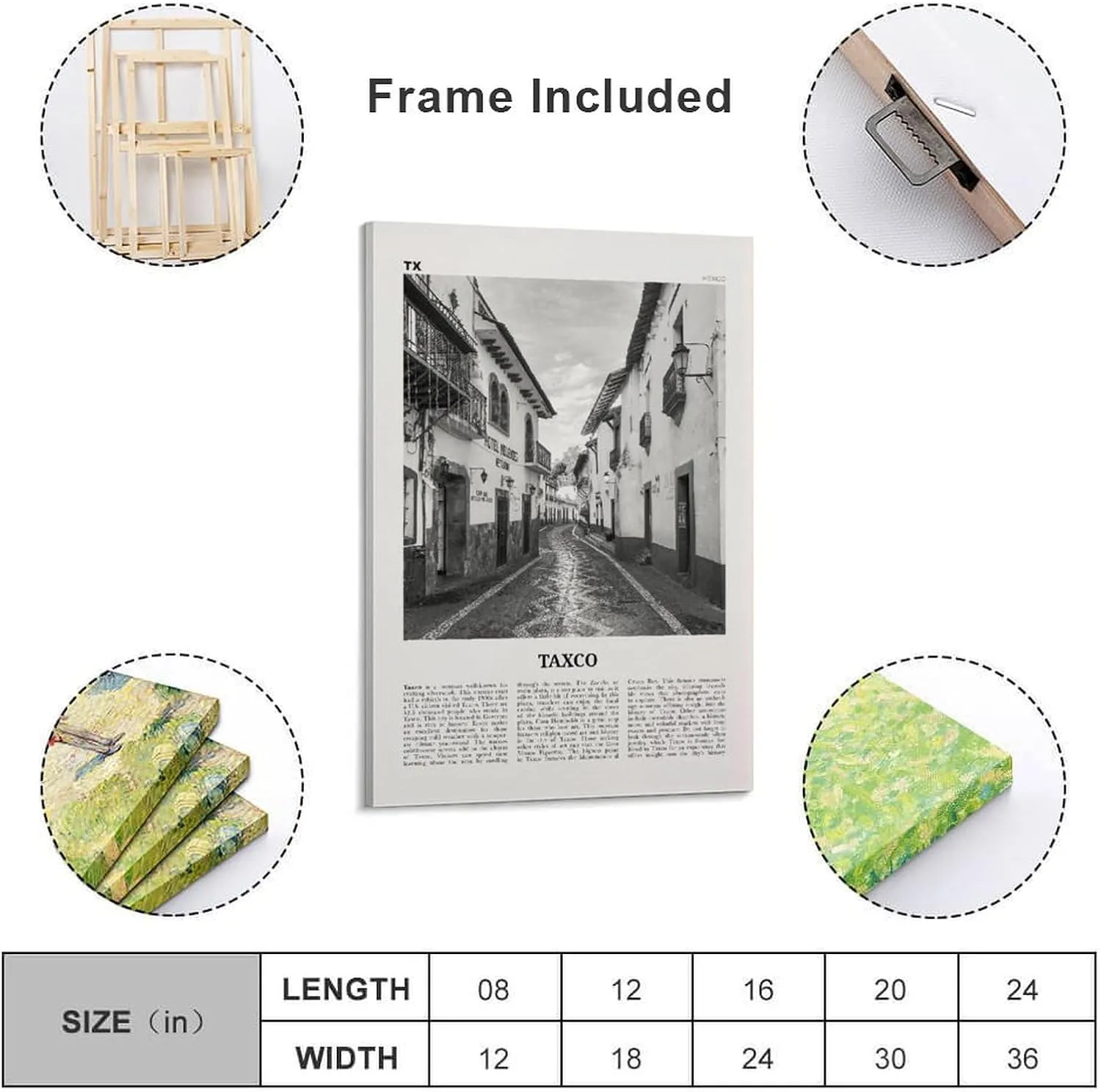 ZYSYML Taxco Print Black And White, Taxco Wall Art, Taxco Poster, Taxco Photo, Taxco Wall Décor, Taxco Map, Mexico Canvas Wall Art Poster Ready to Hang Framed 16x24inch