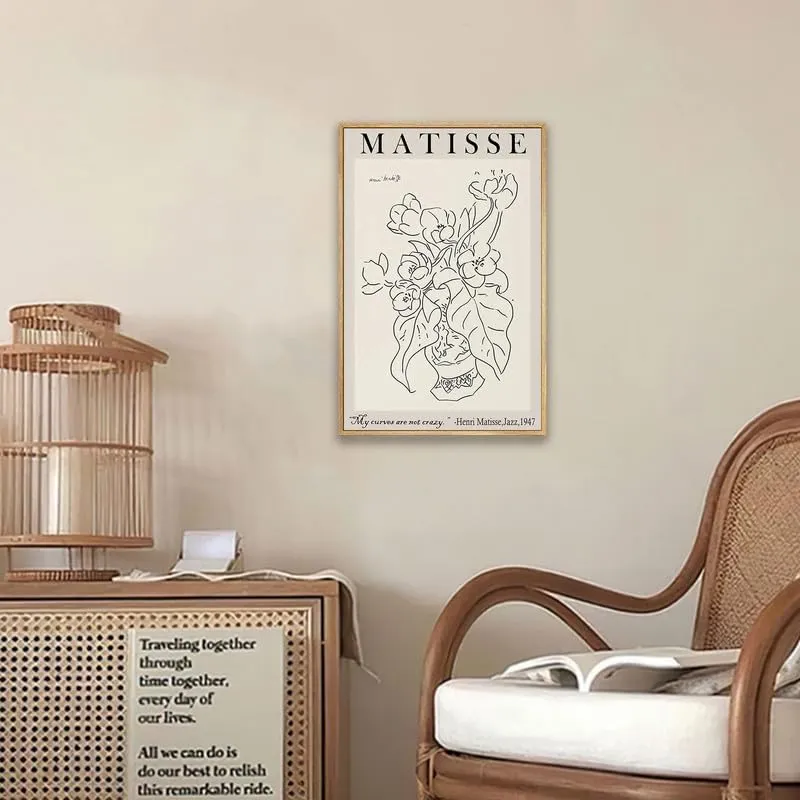 Zzudis Matisse Wall Art,Black and Beige Abstract Flower Canvas Printing, Minimalist Wall Art Decor,Boho Room Wall Painting Decor-12''x16'' Inch Natural Framed