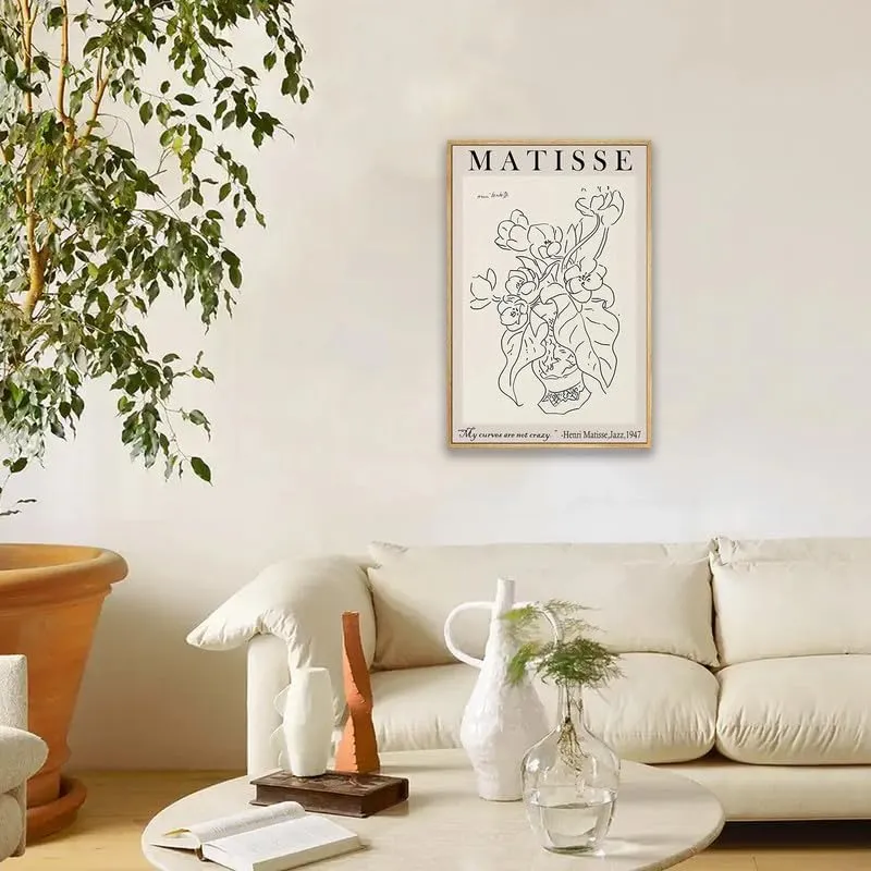 Zzudis Matisse Wall Art,Black and Beige Abstract Flower Canvas Printing, Minimalist Wall Art Decor,Boho Room Wall Painting Decor-12''x16'' Inch Natural Framed